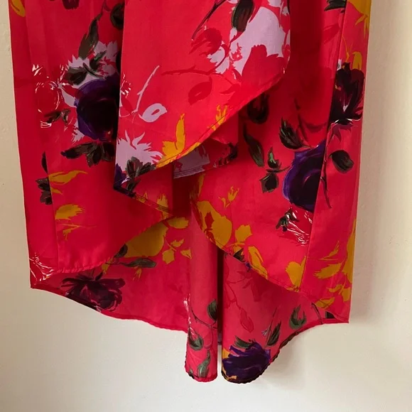 Strawberry Red Floral Romantic V-neck Midi High-low Dress High Waist Crossover L - Picture 7 of 11